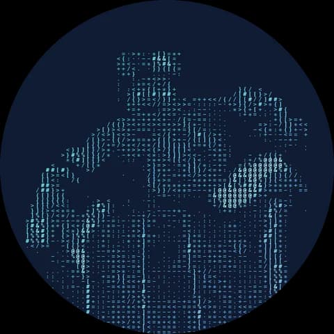 Samuel Barnes carrying his child on his shoulders, drawn in code characters
